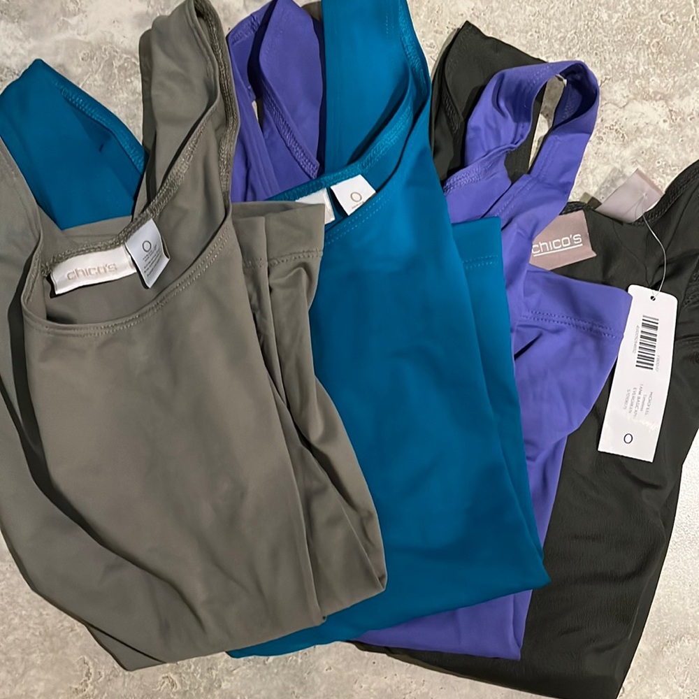 Chicos tank tops. Size 0 grouping of four. green, darkgreen turquoise, purple.